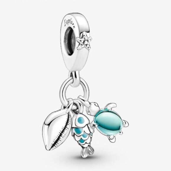 Pandora Fish, Sea Turtle & Conch Triple Dangle Charm - Picture 1 of 6